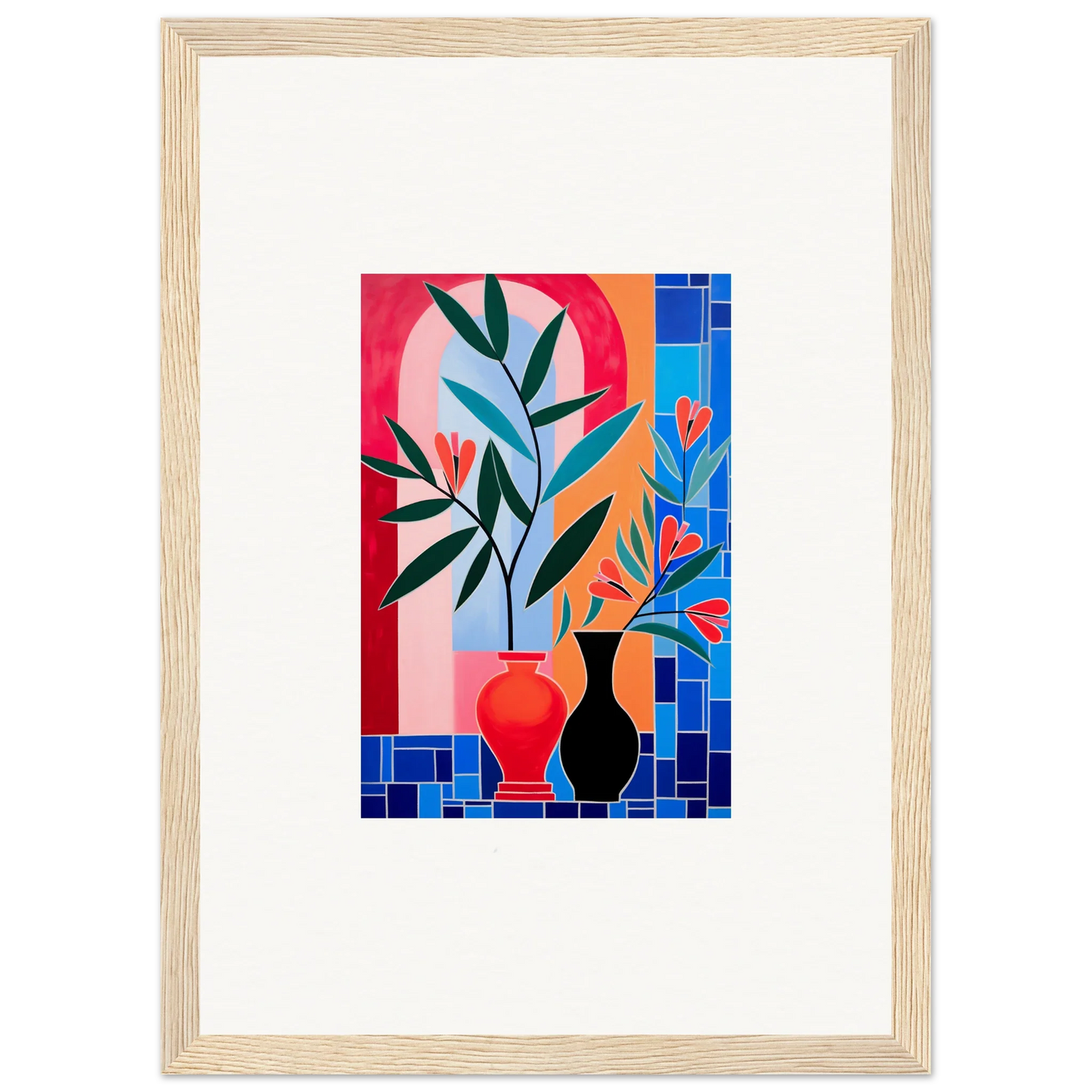 Colorful abstract artwork of stylized plants in vases for ceramic blooms room decor