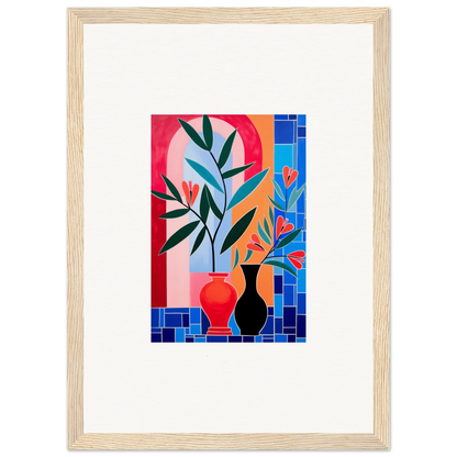 Colorful abstract artwork of stylized plants in vases for ceramic blooms room decor