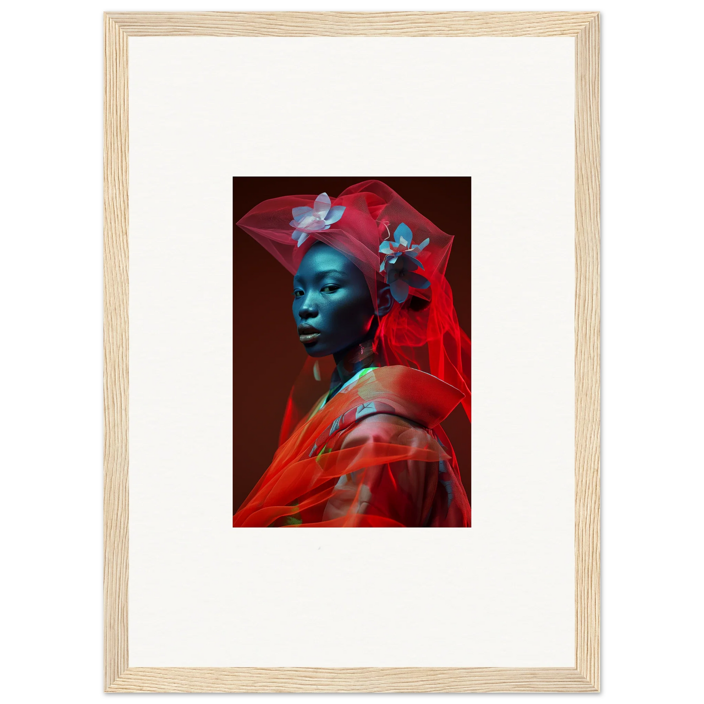 Framed portrait with blue-tinted skin and red fabric for bold room decoration canvas print