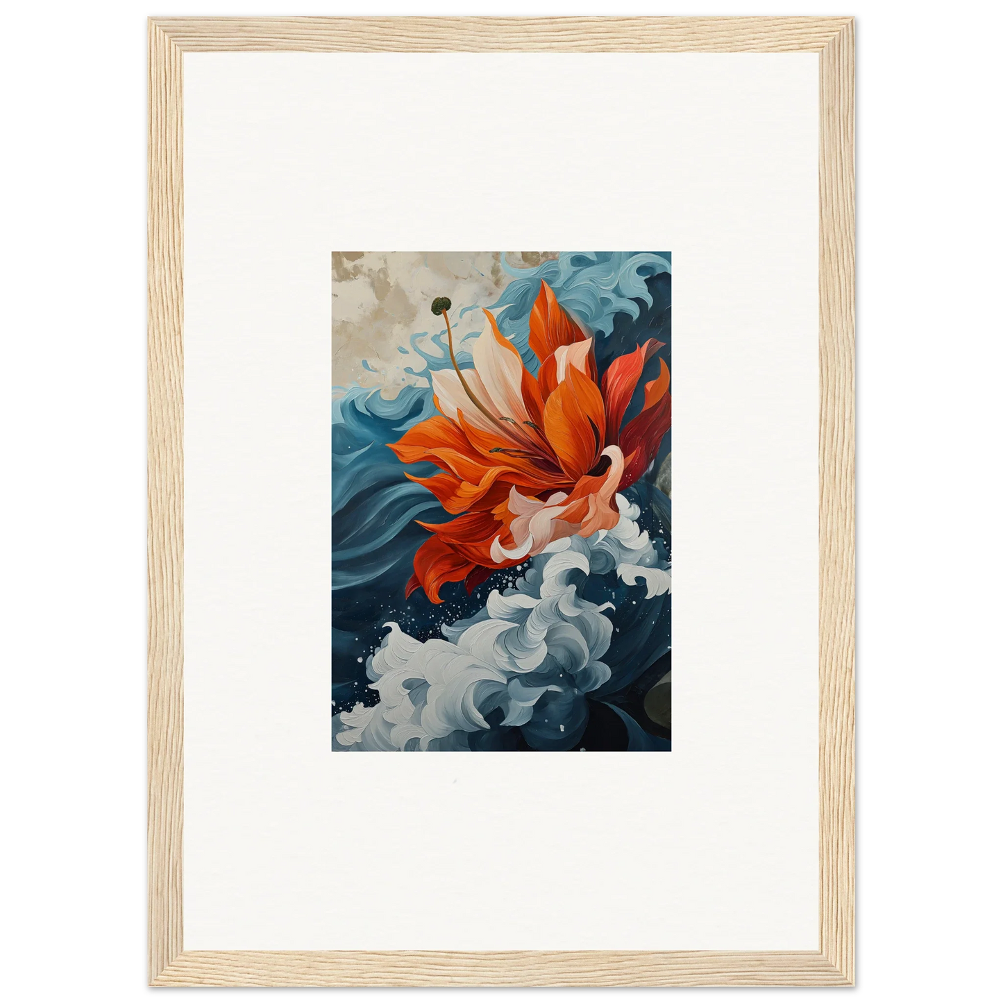 Vibrant orange flower waves in blue, perfect for a Petal Odyssey canvas print