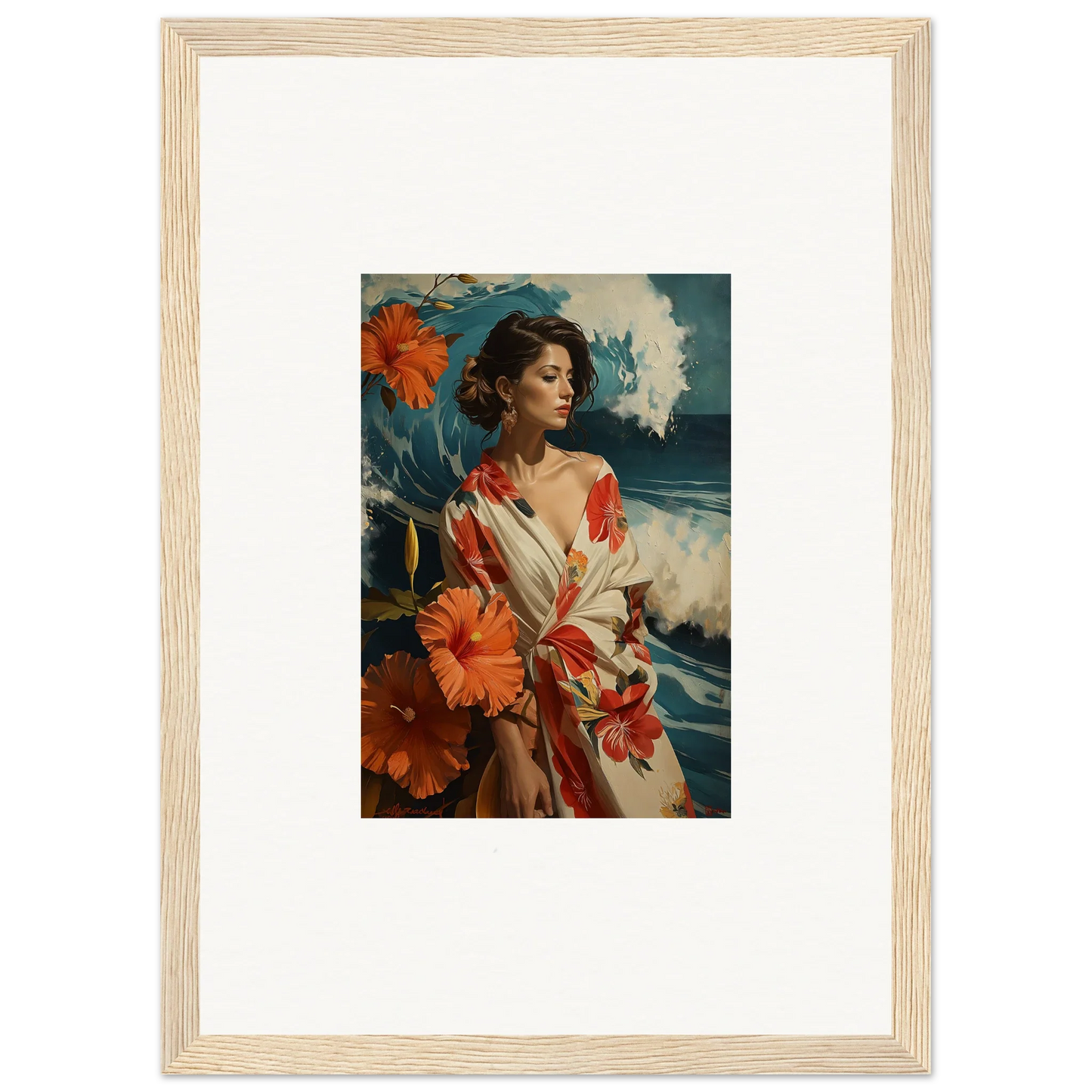 Framed canvas print of a woman in a floral robe for stylish room decoration by the ocean