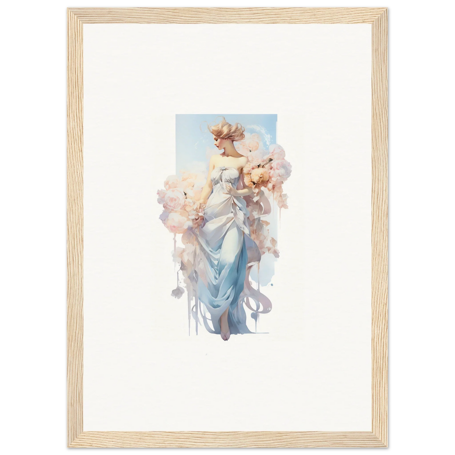 Framed watercolor of an ethereal woman in blue, perfect bouquet waltz room decoration