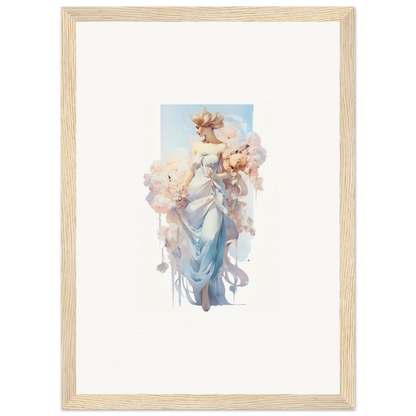 Framed watercolor of an ethereal woman in blue, perfect bouquet waltz room decoration