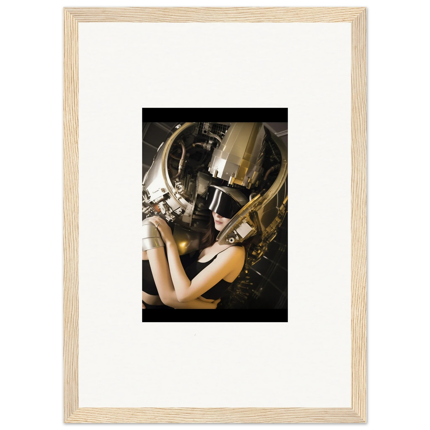 Framed wall art of a person in an elaborate golden helmet for cool room decoration