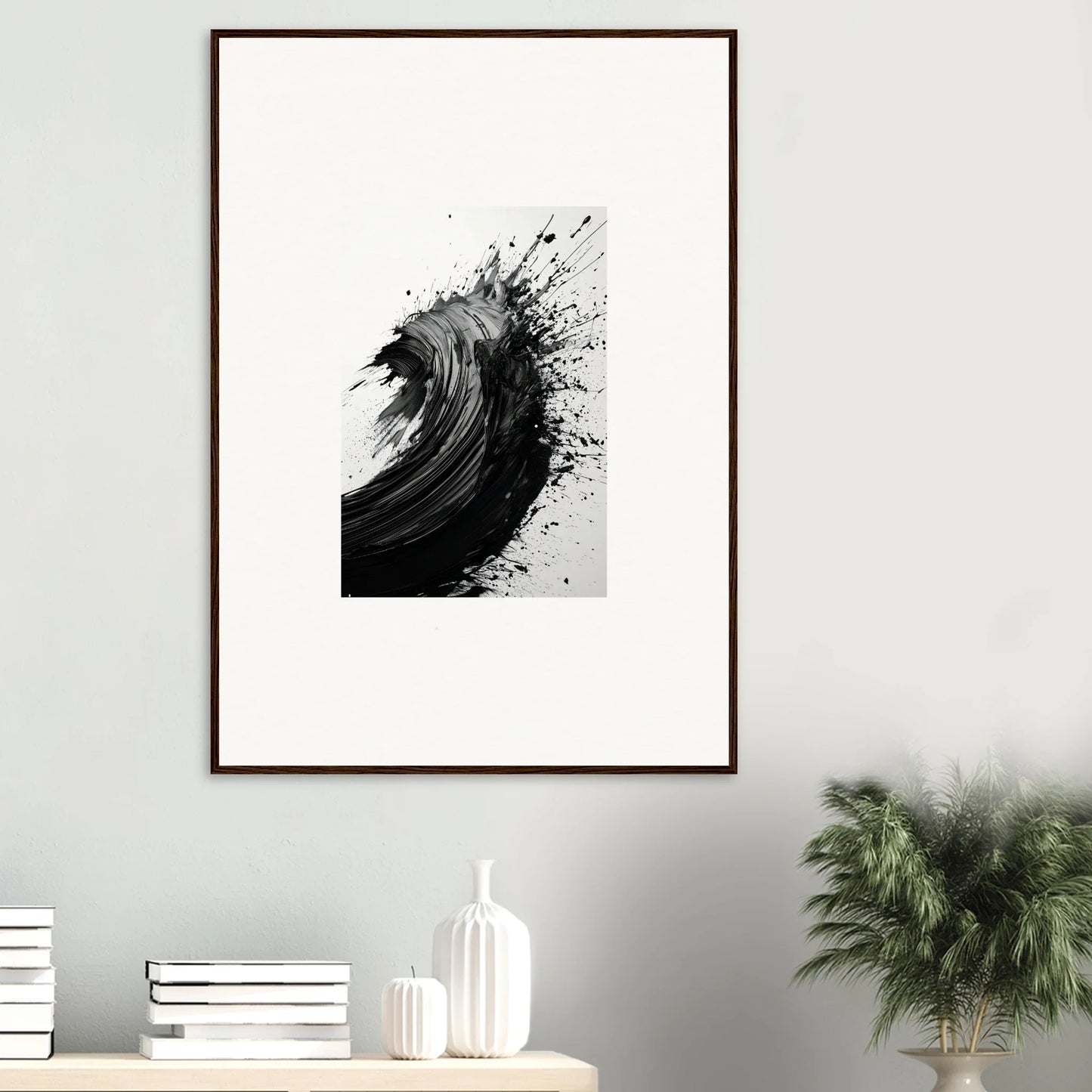 Abstract black and white painting of a crashing ocean wave for stylish room decor