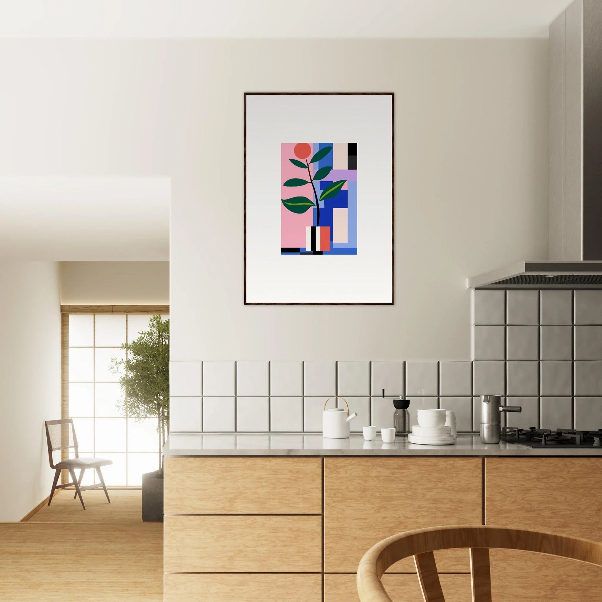 Abstract geometric blooms ballet artwork with colorful shapes and plant form in framed wall art