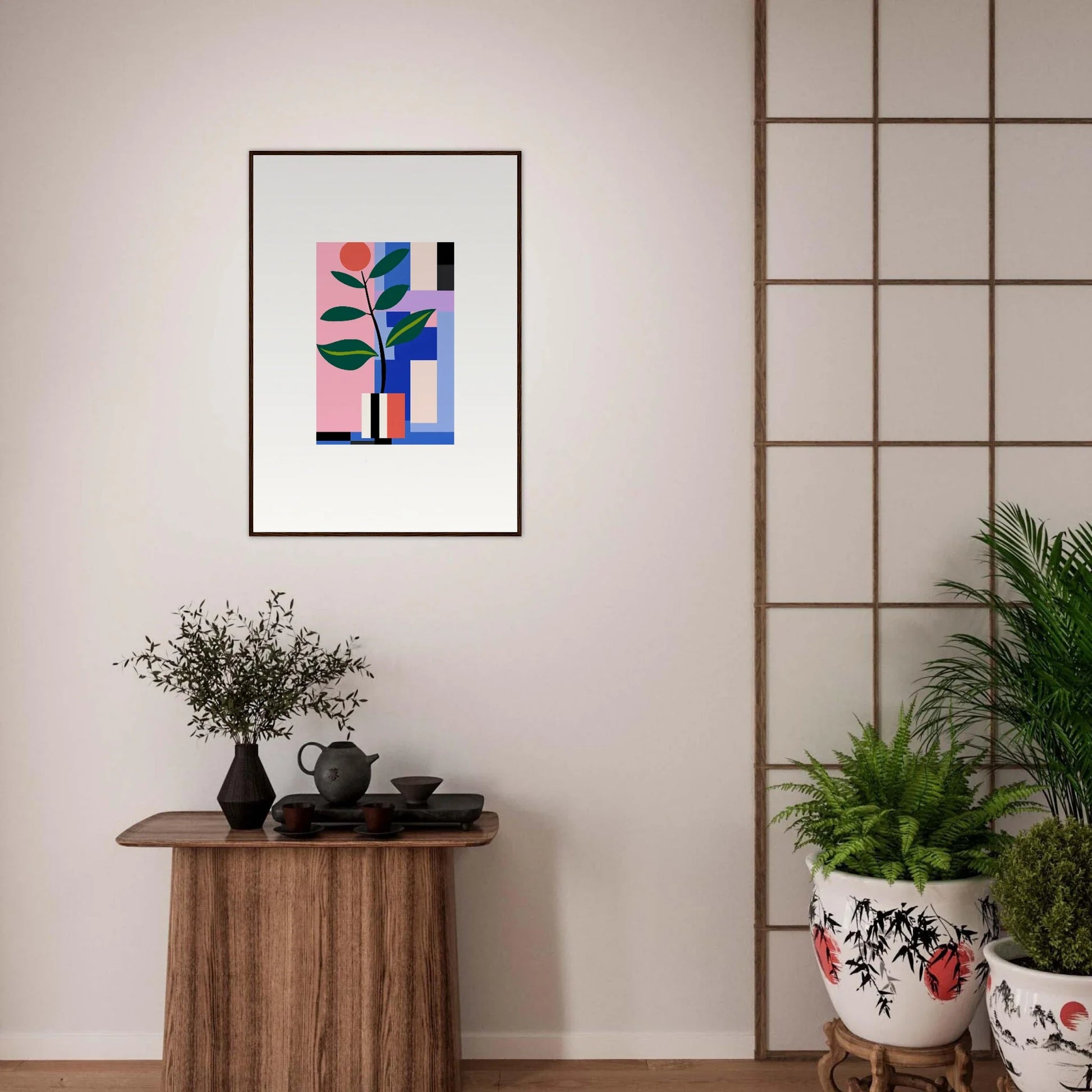 Abstract geometric artwork of colorful shapes and a stylized plant for Blooms Ballet room decor