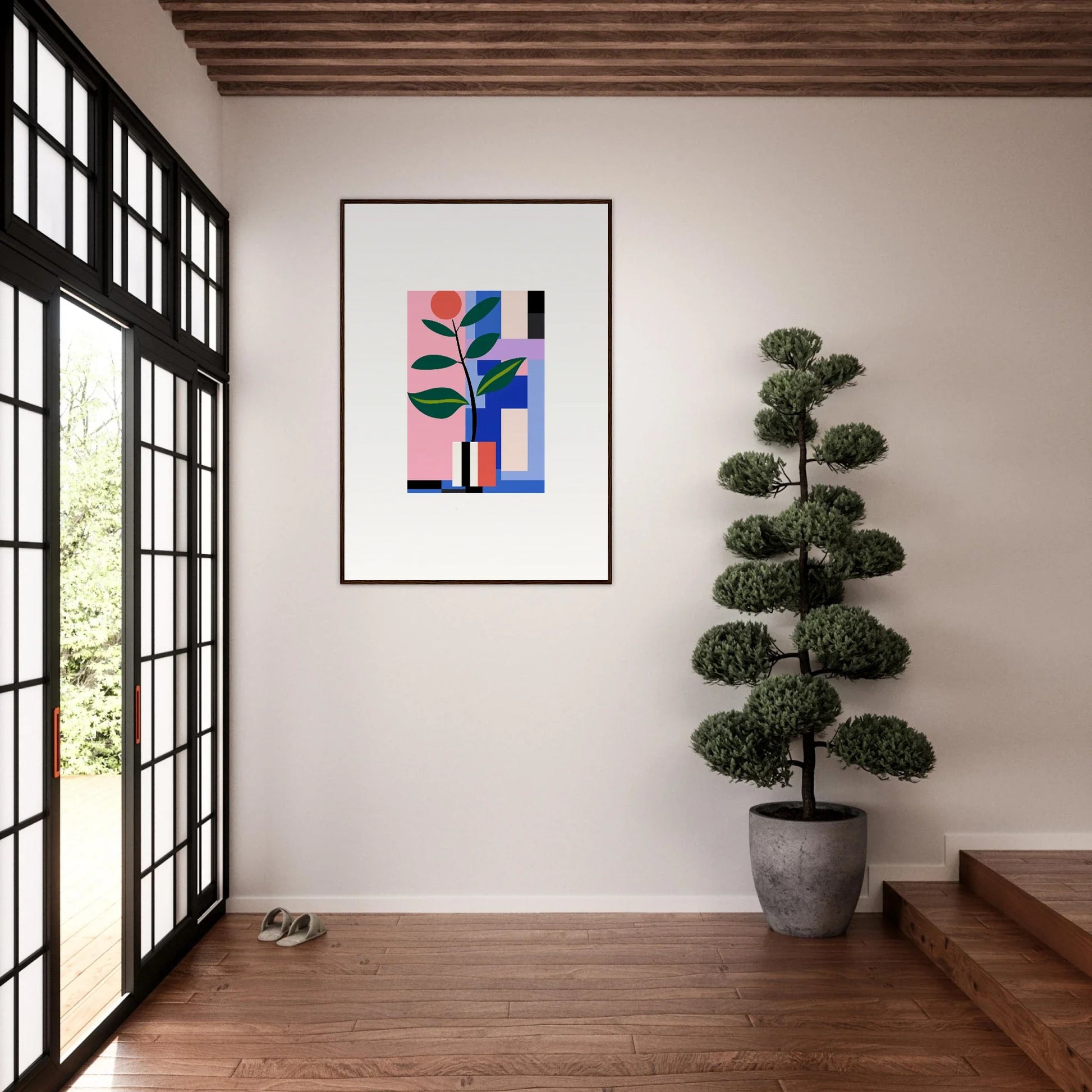 Abstract geometric artwork with colorful shapes and plant-like form for Blooms Ballet room decor