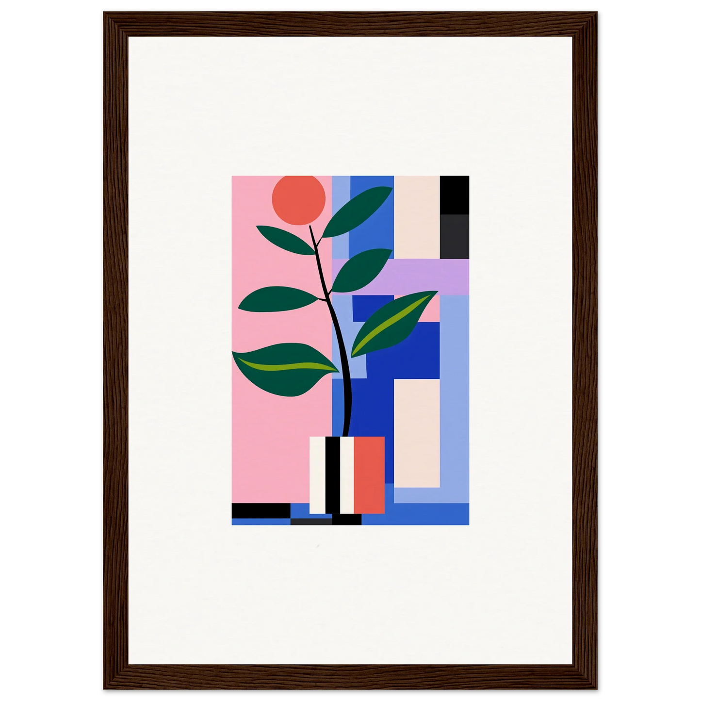 Abstract geometric artwork of plant with blooms for stylish room decor and framed wall art