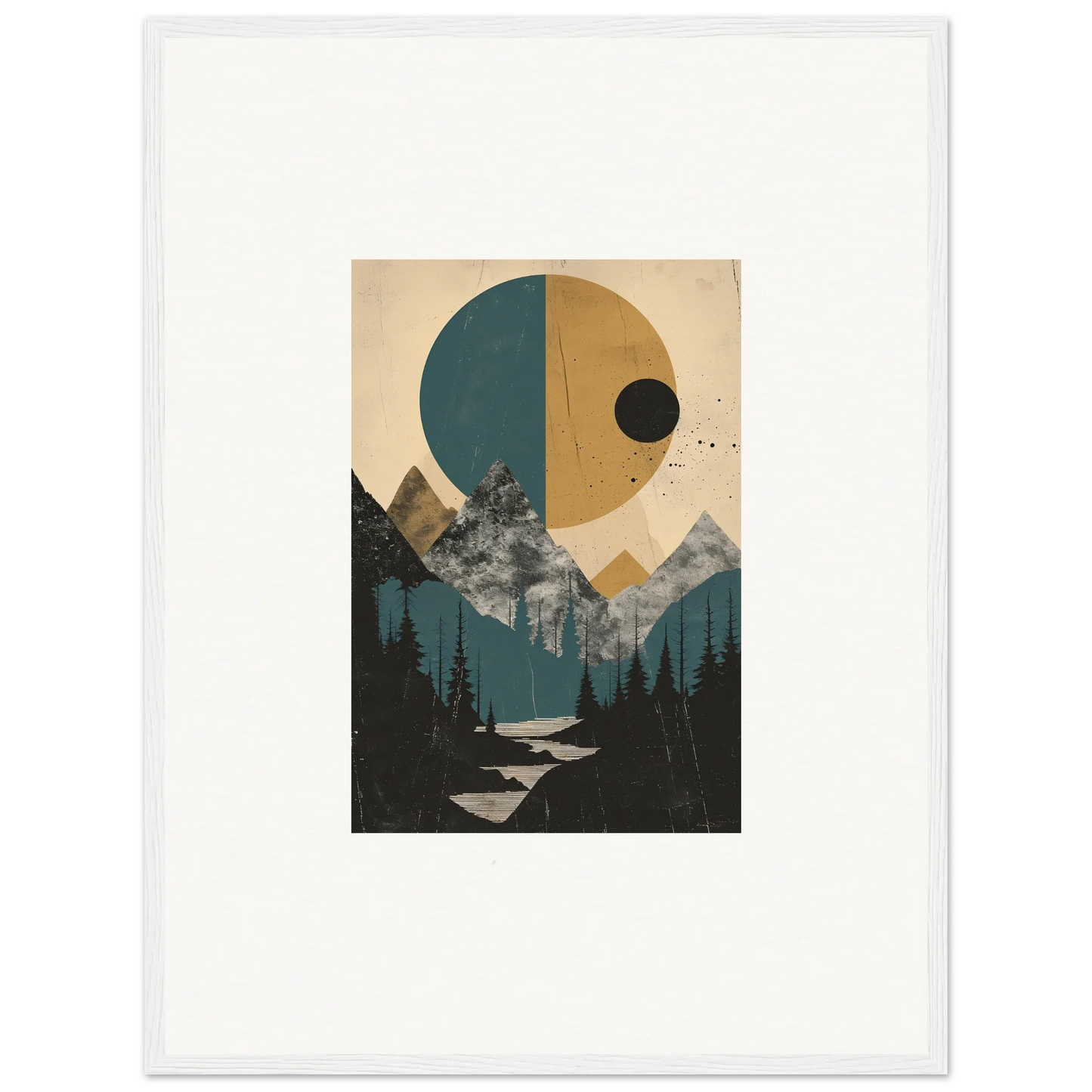 Abstract landscape artwork with geometric shapes, mountains, and a river for eclipse oasis room decor