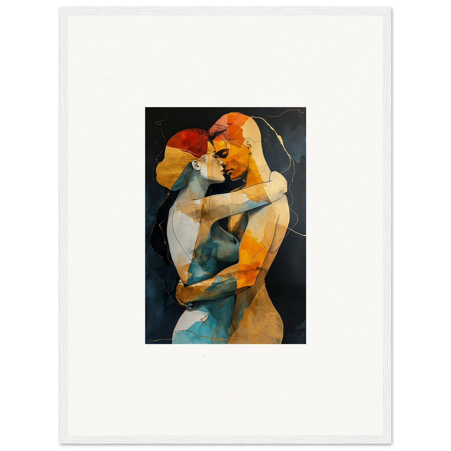 Abstract painting of two embracing figures in vibrant colors for room decor and framed wall art