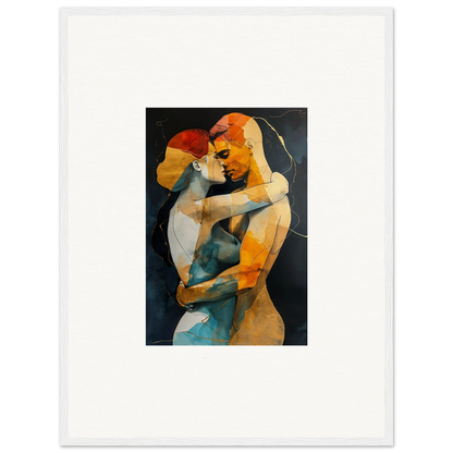 Abstract painting of two embracing figures in vibrant colors for room decor and framed wall art