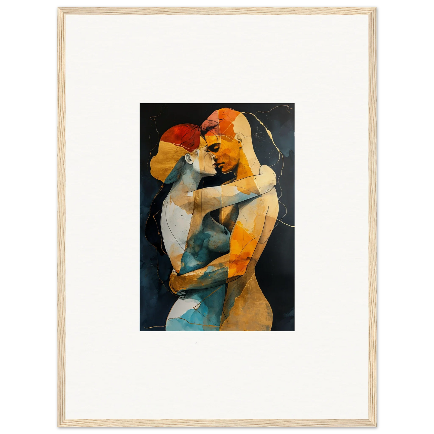 Abstract painting of two embracing figures in vibrant colors for room decor, embrace waves