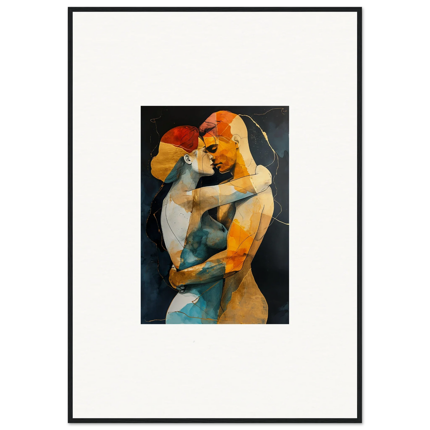 Abstract painting of two embracing figures in warm tones for embrace waves room decor