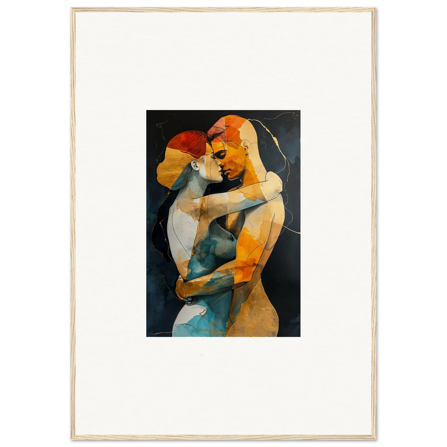 Abstract painting of embracing figures in warm tones for unique room decor and framed wall art