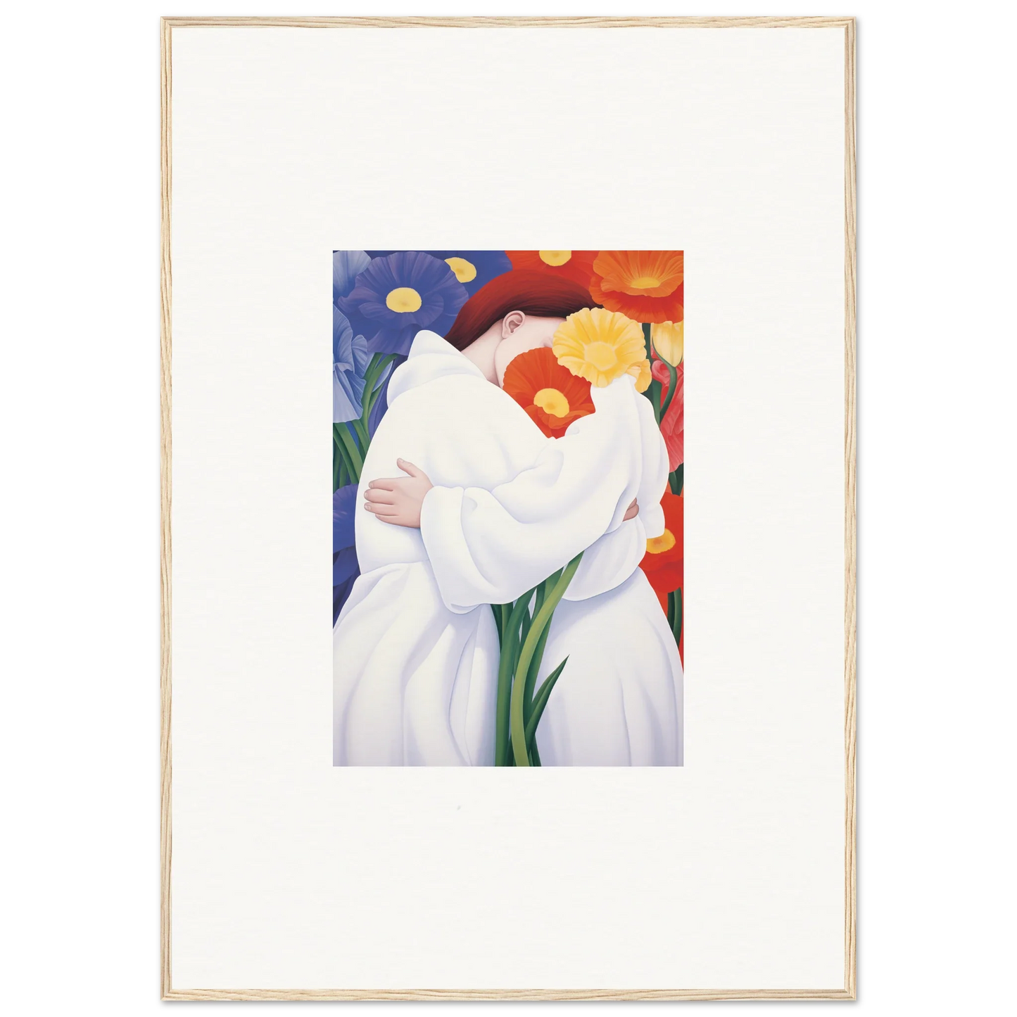 Abstract painting of a white figure with flowers, ideal for room decor or framed wall art