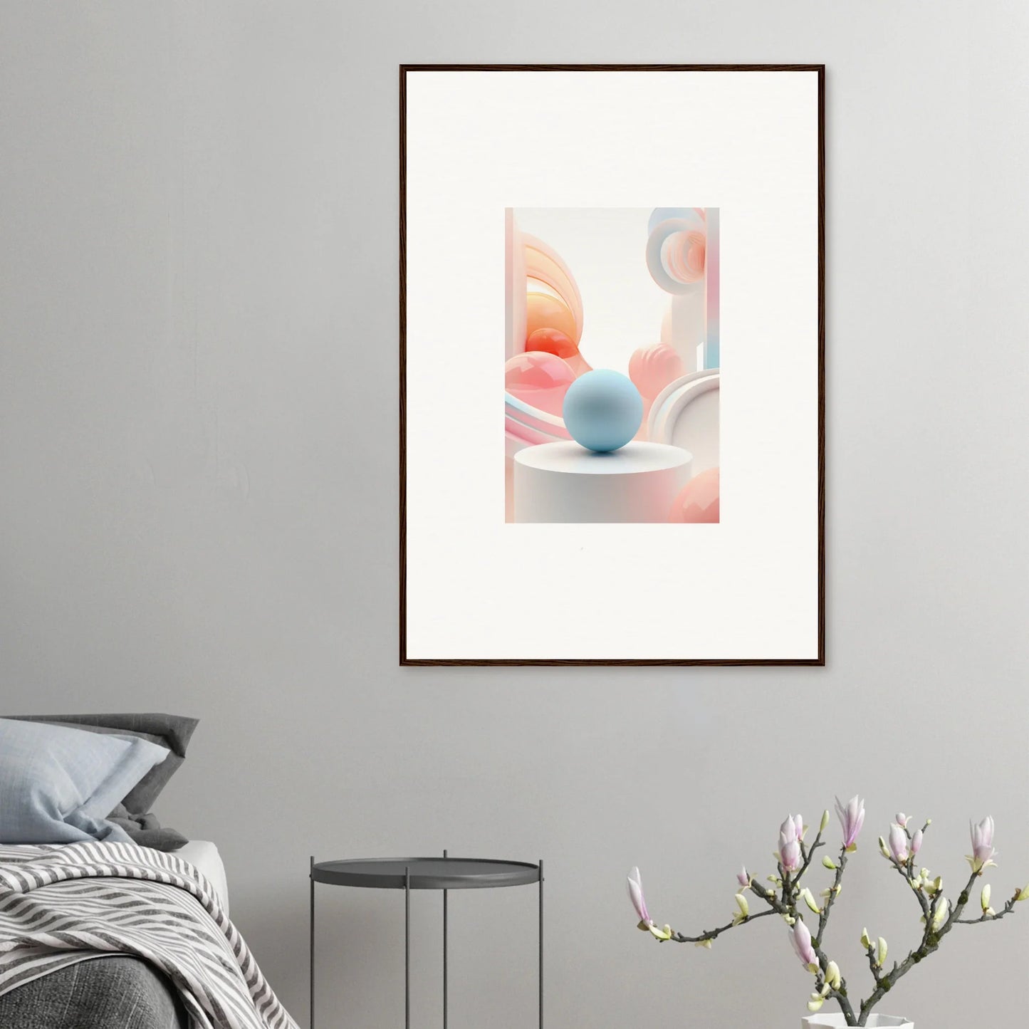 Abstract pastel geometric artwork with a blue sphere for cosmic timeless room decor