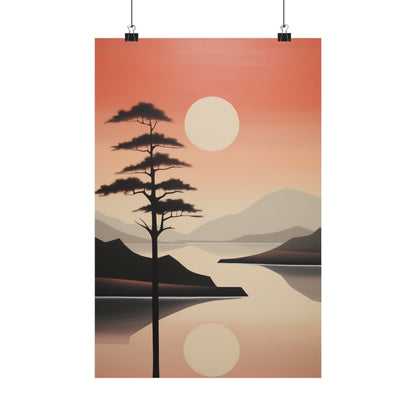 Poster depicting a serene sunset landscape with a silhouetted tree and mountains reflected in water.