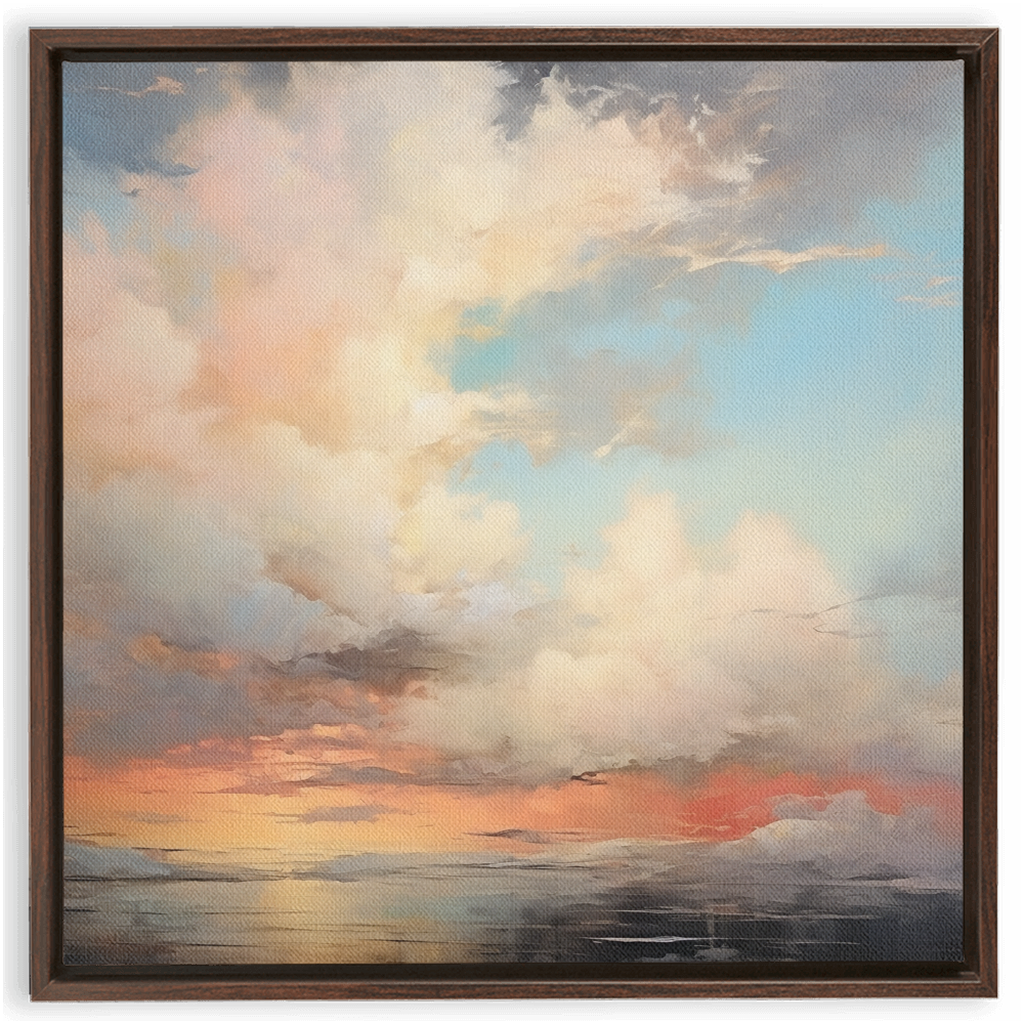 A painting of Pastels Clouds - Framed Traditional Stretched Canvas with clouds in the sky.