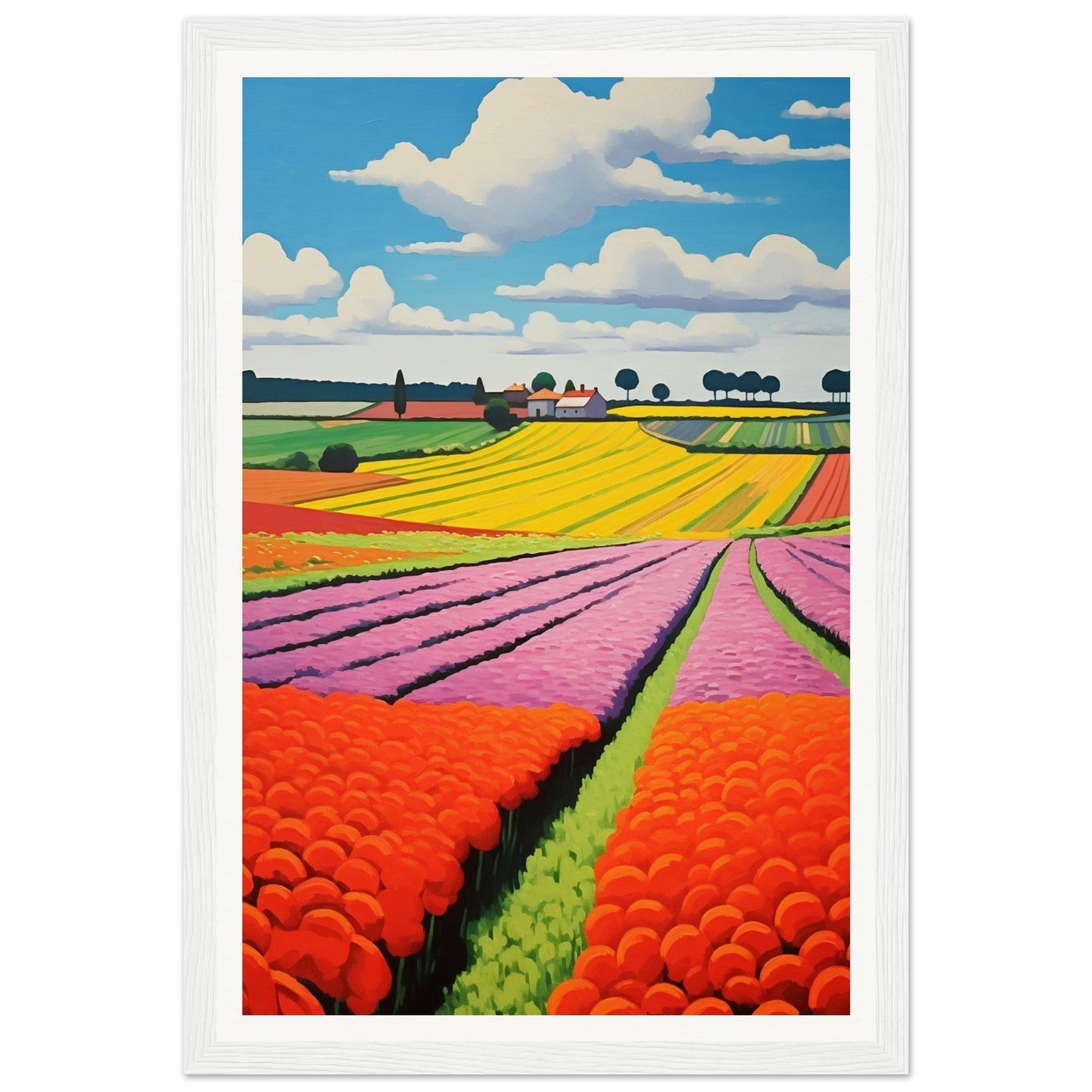 Colorful landscape painting of flower fields with vibrant stripes of yellow, pink, and orange blooms stretching towards the horizon.