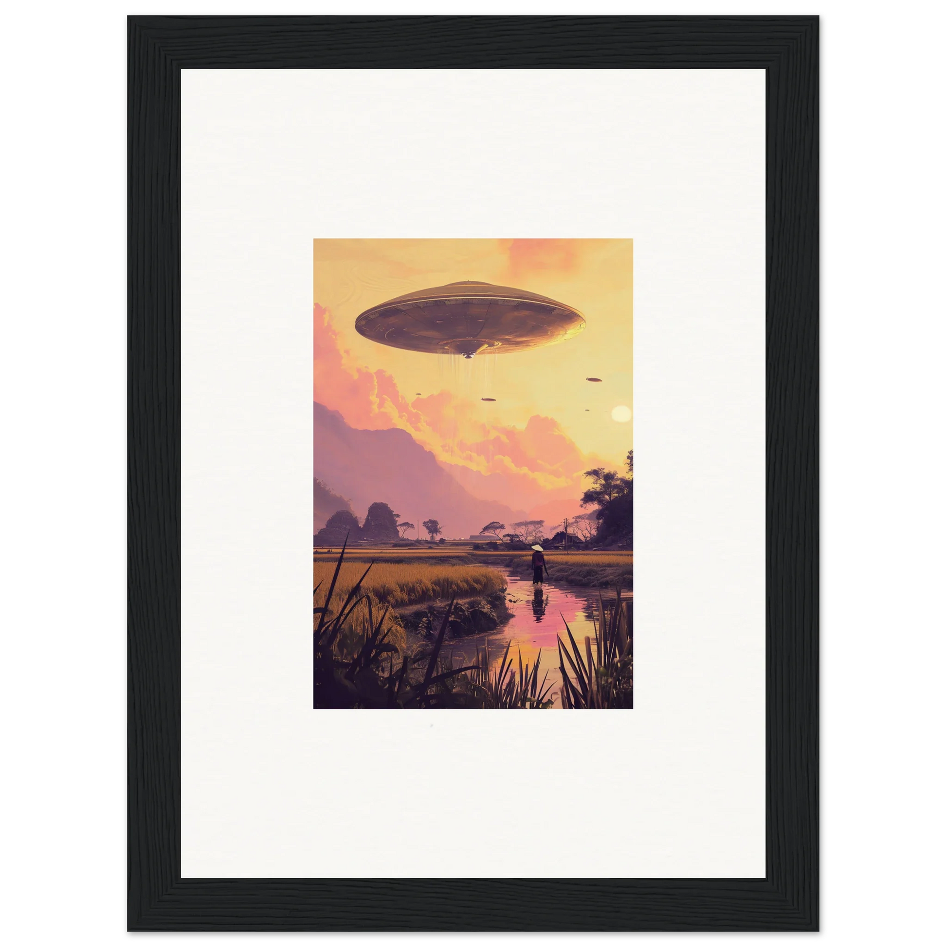 Artistic depiction of a mindship landing in sunset sky for stunning room decor