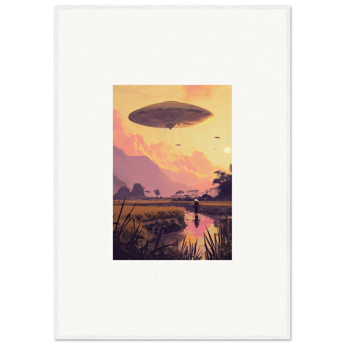 Airship craft in sunset sky for Ethereal Mindship Landing framed wall art decor