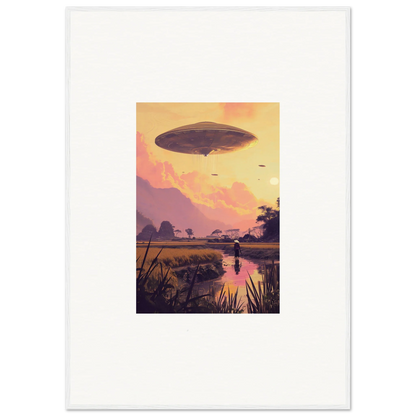 Airship craft in sunset sky for Ethereal Mindship Landing framed wall art decor