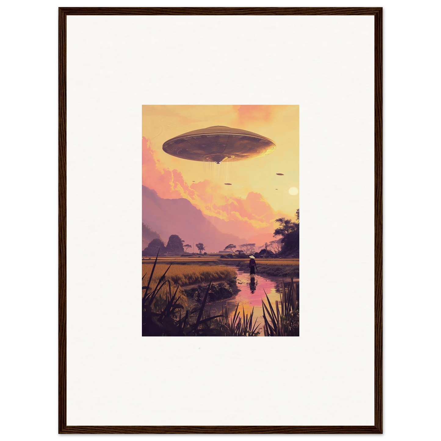 Airship hovering in sunset sky for Ethereal Mindship Landing room decor art