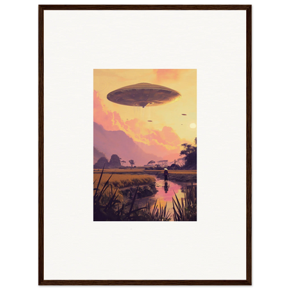 Airship hovering in sunset sky for Ethereal Mindship Landing room decor art