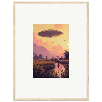 Airship hovering in sunset sky for Ethereal Mindship Landing room decor framed wall art