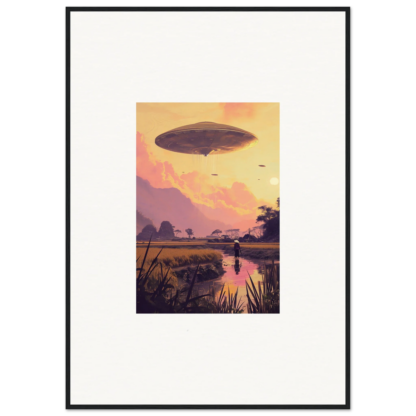 Airship or UFO hovering in sunset sky for Ethereal Mindship Landing room decor