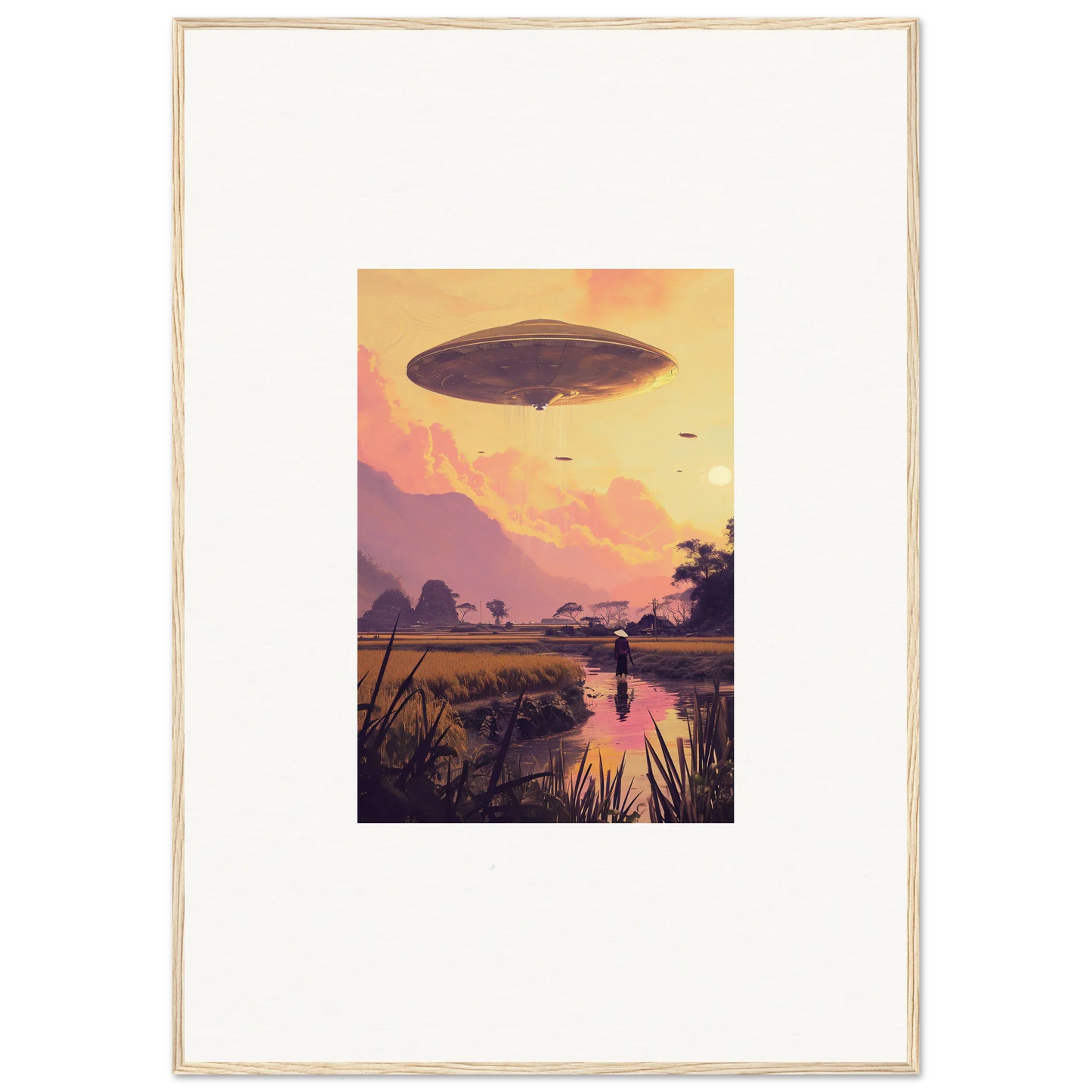 Airship or UFO in sunset sky, perfect for Mindship Landing room decor and framed wall art