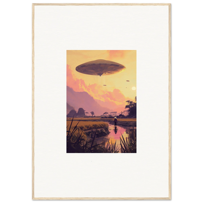 Airship or UFO in sunset sky, perfect for Mindship Landing room decor and framed wall art