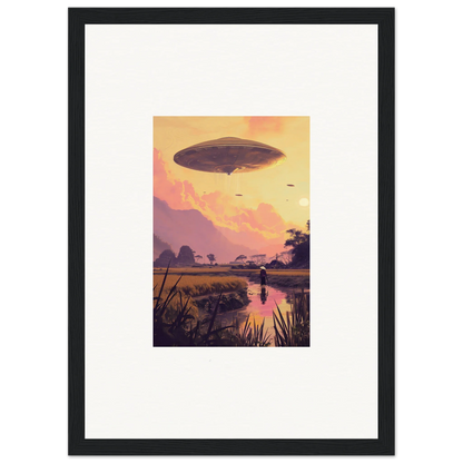 Airship floating in sunset sky, perfect for Mindship Landing room decor or framed wall art