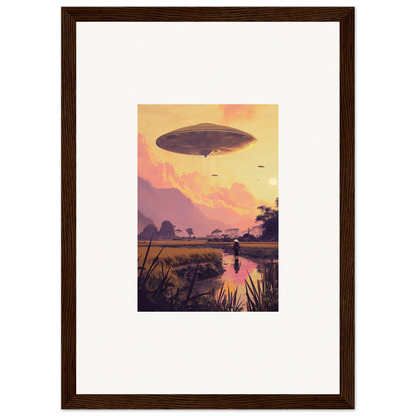 Airship in sunset sky, perfect for Ethereal Mindship Landing room decor and framed wall art