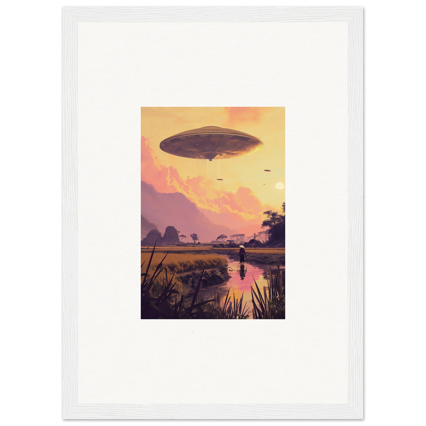 Airship in sunset sky, perfect for Mindship Landing room decor or framed wall art