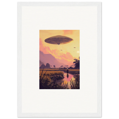 Airship in sunset sky, perfect for Mindship Landing room decor or framed wall art