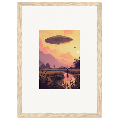 Airship at sunset sky, perfect for Mindship Landing room decor or framed wall art