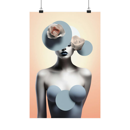 Surrealist female figure with circular cutouts revealing rose blossoms.