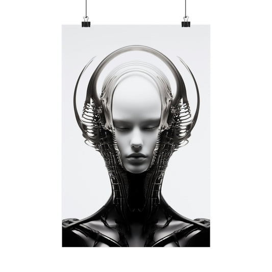 Futuristic humanoid figure with a sleek metallic headpiece and cybernetic elements.