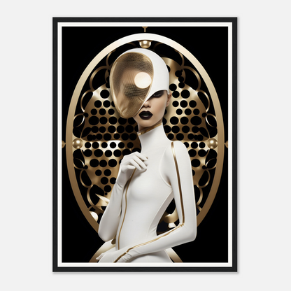 Stylized figure in white attire with a metallic, perforated halo-like structure behind its head.