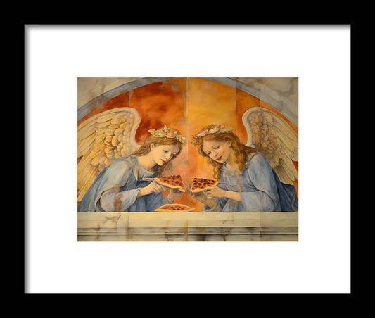 Two angels enjoying Angels Eating Pizzas - Framed Print in front of a window, framed prints available with museum-quality frames.