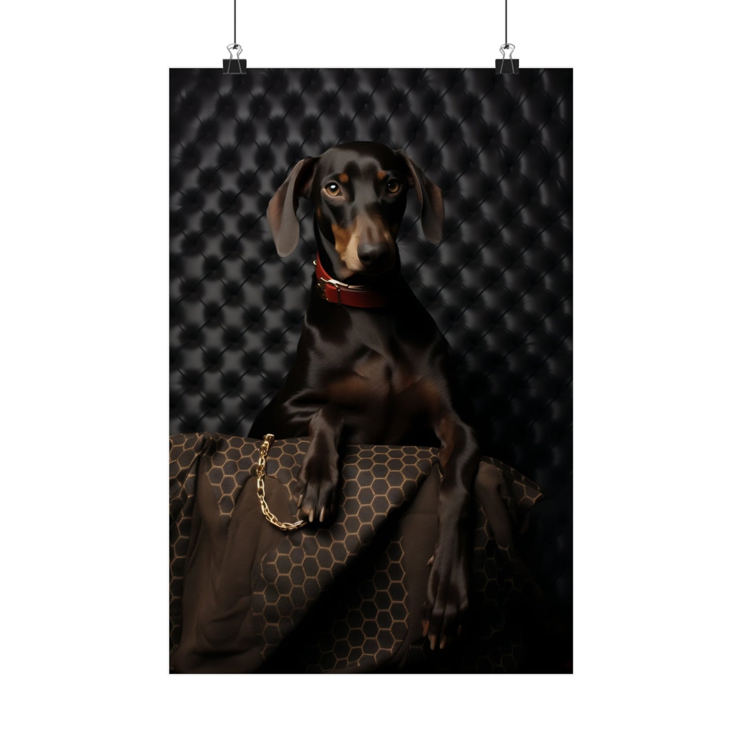 Sleek Doberman dog posing with a designer handbag.