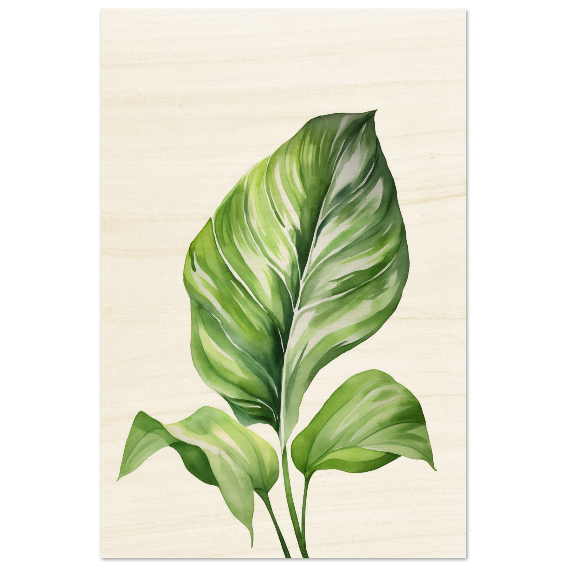 Transform your space with a Aquarelles Tropical Leaf D - Wood Prints for my wall featuring an AI generated art - a painting of a green leaf on a white background.