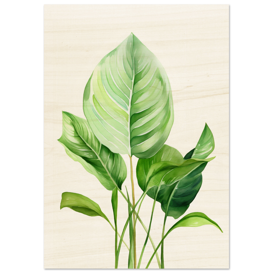 A high quality Aquarelles Tropical Leaf A - Wood Prints of green leaves on a white background.