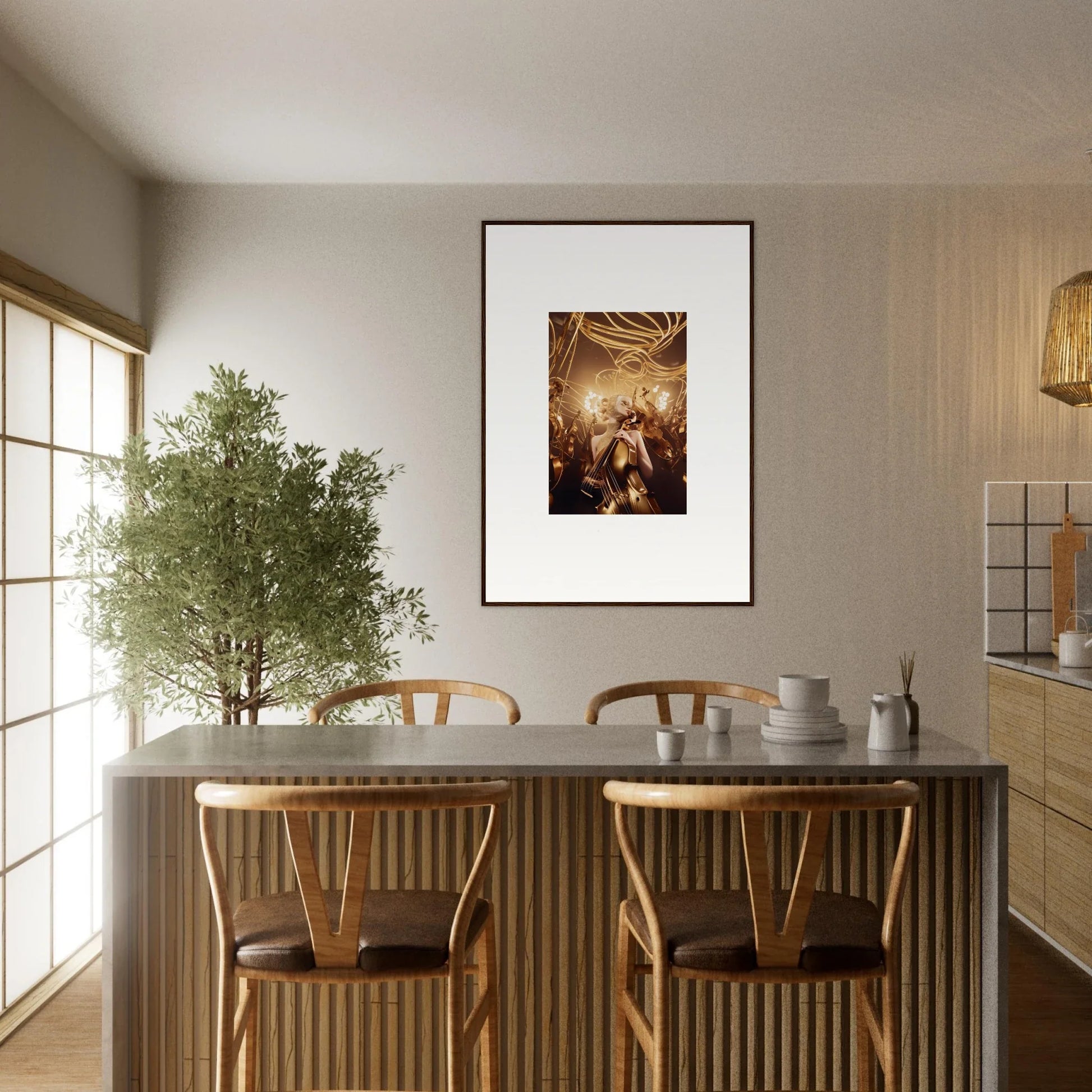 Dining area featuring a concrete table, wooden chairs, and a potted olive tree for harmony enigma room decor