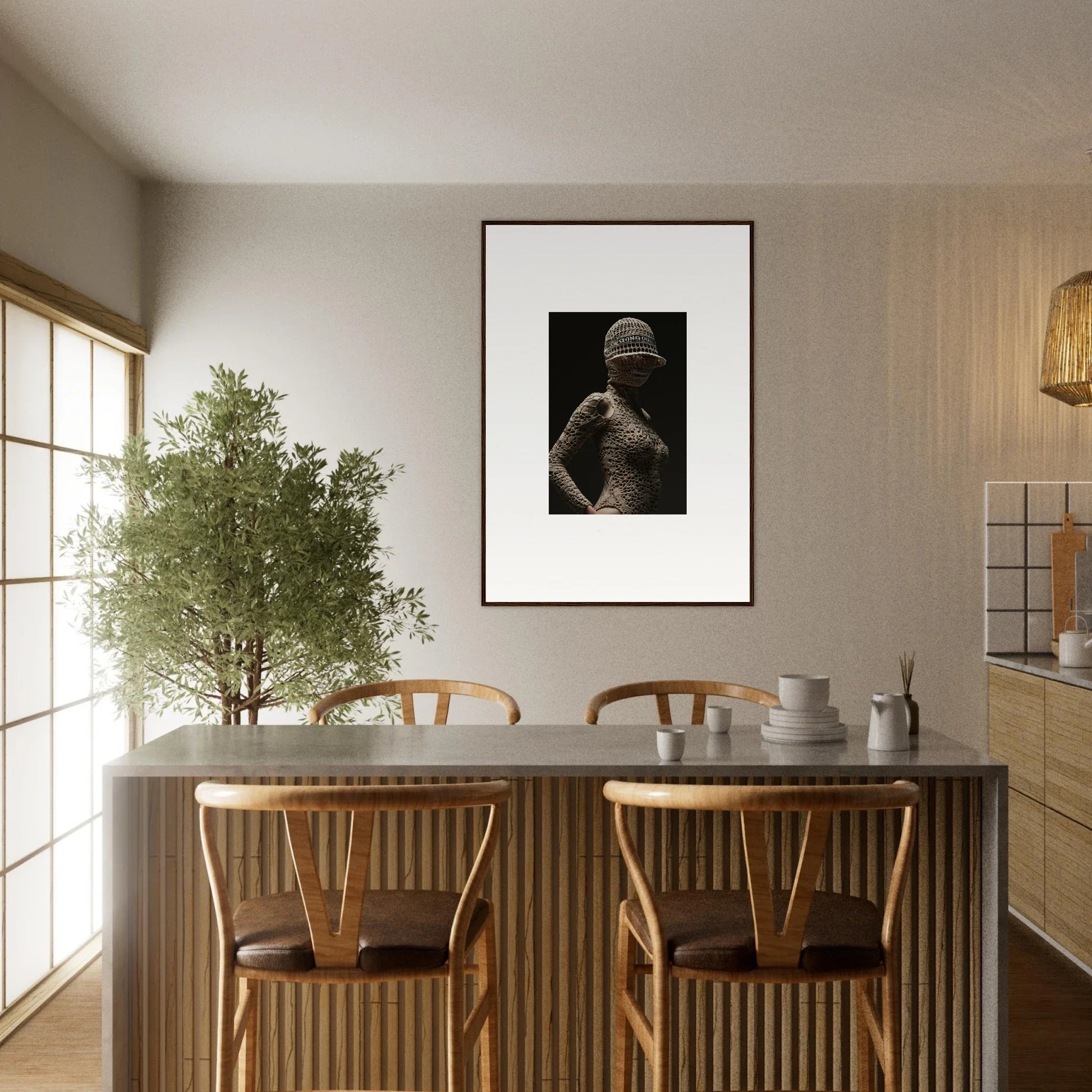 Dining area with a table, chairs, and artistic wall decor.