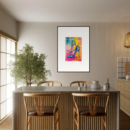 Dining area with table and chairs, featuring framed wall art of Heels Reverie