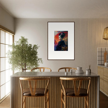 Dining area featuring a table, chairs, and vibrant framed wall art in Silken Realm