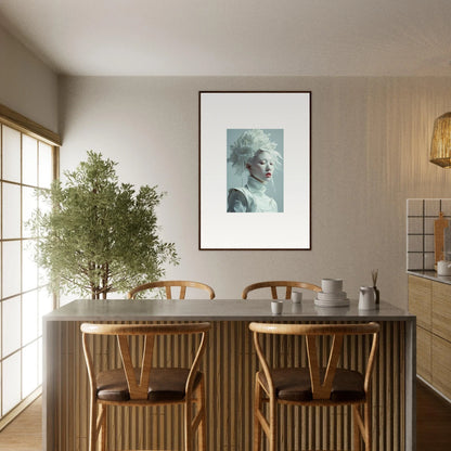 Dining area featuring a stylish table, chairs, and florid creature wall art decor